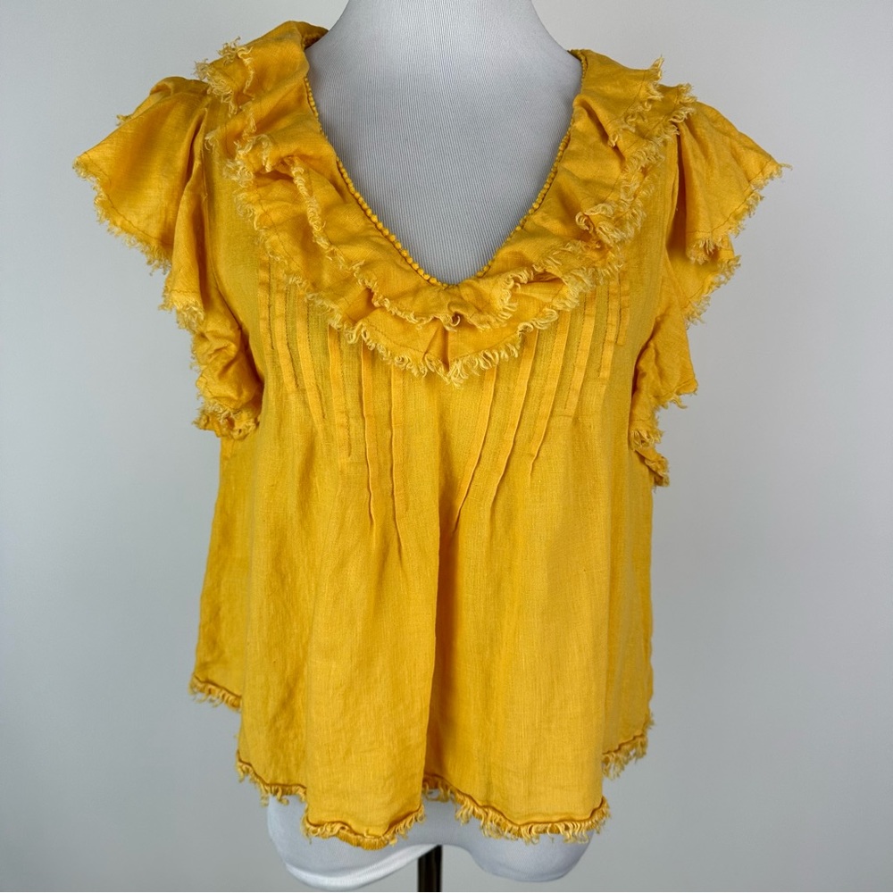 Fatherty Yosepha Marigold Yellow Linen Ruffle Top Size Large - Picture 2 of 12